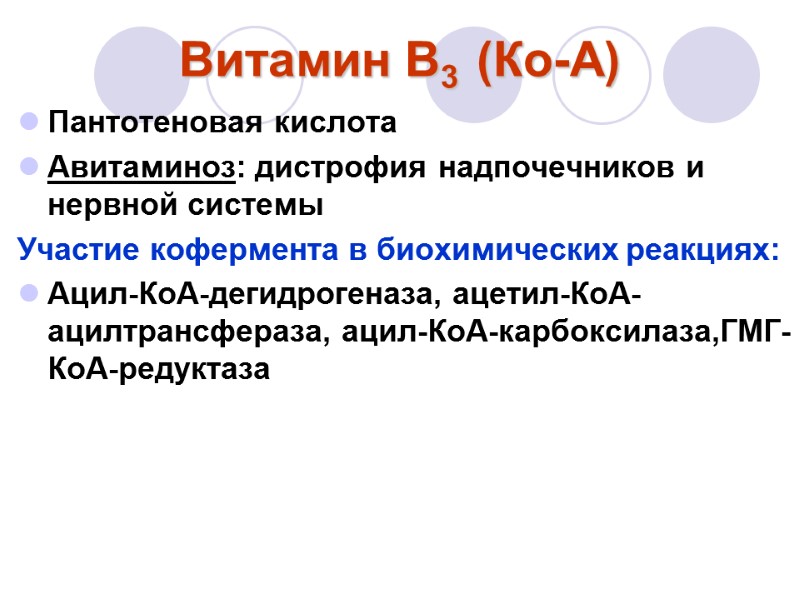 Витамин В3  (Ко-А) Пантотеновая кислота Авитаминоз: дистрофия надпочечников и нервной системы Участие кофермента